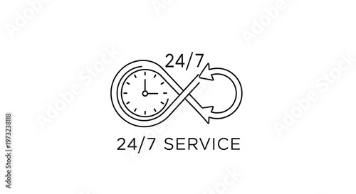 24/7 Service Symbol Featuring Clock and Key in Infinity Loop Minimalist Line Art Illustration