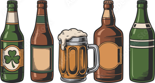 Beer bottles and mug vector set, craft alcohol drink illustration collection