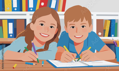 Two kids studying together at desk with books and pencils