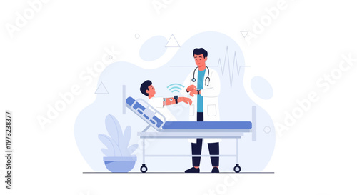 Doctor checking patient's smartwatch for health data in modern clinic