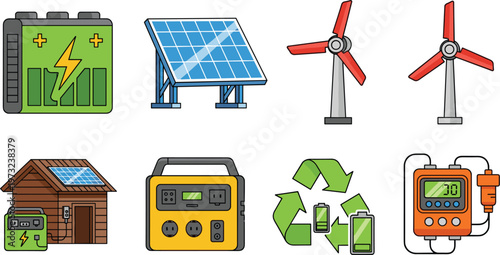 Renewable Energy Icon Set Featuring Solar Panels Wind Turbines Portable Power Stations and Battery Storage Symbols for Green Technology and Sustainability Designs