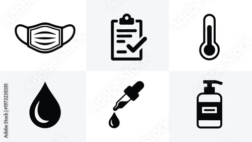 Black icons of medical and hygiene symbols on white background
