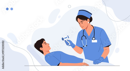 Nurse checking patient's temperature with infrared thermometer, medical examination concept