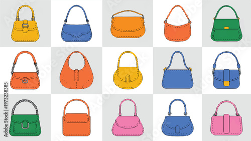 Collection of various colorful handbags and purses in different styles and colors