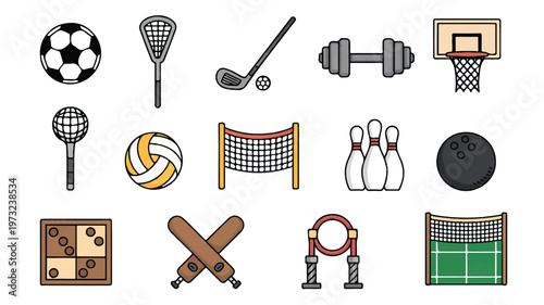 Collection of various sports equipment and icons in cartoon style