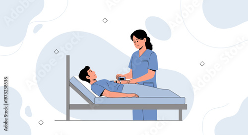Nurse checking patient's vital signs in hospital bed, medical care illustration