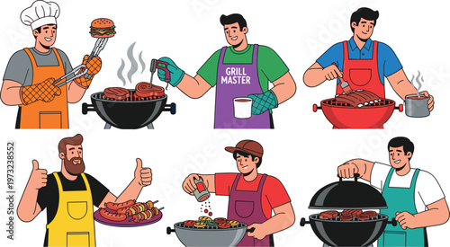 Set of Male Chef and Grill Master Characters Grilling Steaks Burgers and Sausages on BBQ for Summer Backyard Party Restaurant Menus and Outdoor Cooking Illustrations