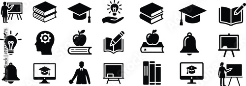 silhouette education icons set. school, learning, book, graduation, teacher vector illustration