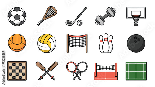 Collection of various sports icons and equipment on white background