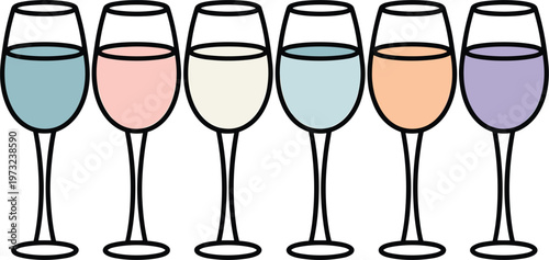 Wine glasses vector set, colorful beverage collection, elegant drink illustration for restaurant menu
