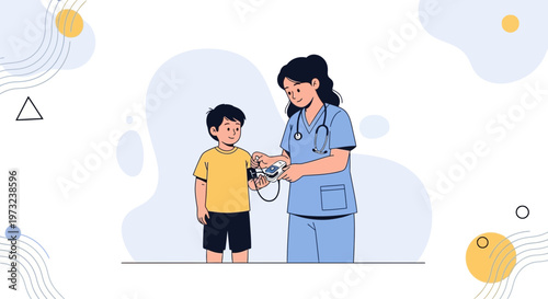 Nurse checks child's blood pressure, pediatric healthcare, medical checkup, doctor and patient