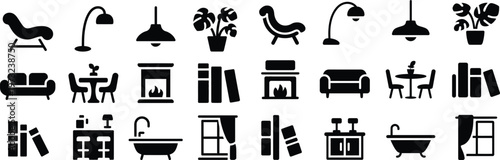 silhouette interior design icons set. furniture, home, decor, lamp, sofa vector illustration