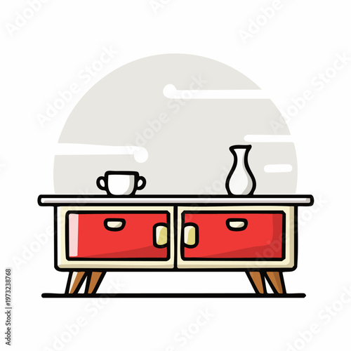 Red drawer sideboard with wooden legs.