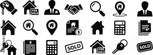 silhouette real estate agent icons set. house, property, home, agent, sale vector illustration