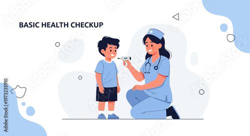 Nurse checks child's temperature, basic health checkup illustration