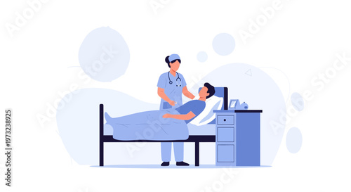 Nurse caring for patient in hospital bed, medical illustration