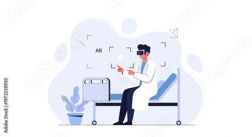 Doctor using VR headset in hospital room, augmented reality medical technology