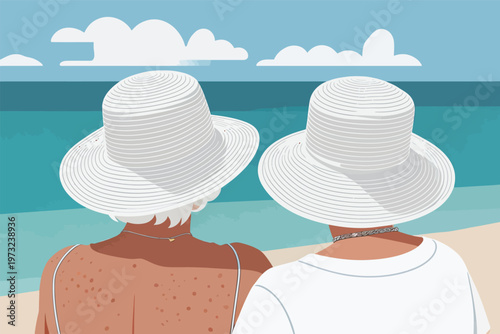 Two Elderly Women on Beach with Hats