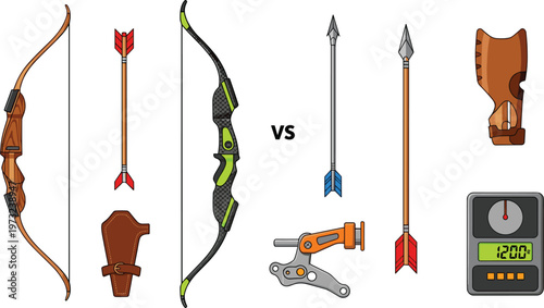 Archery Equipment Icon Set Comparing Traditional Wooden Bow and Modern Compound Bow with Arrows Quiver and Electronic Aiming Tools for Sports Design