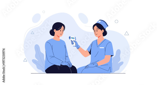 Nurse checking patient's temperature with infrared thermometer, healthcare concept