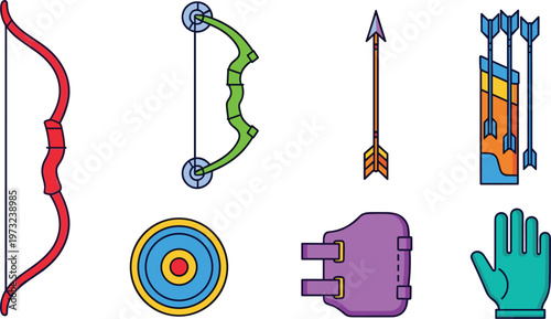 Archery Equipment Vector Set Featuring Traditional Bow Compound Bow Arrows Quiver Target Shield Chest Guard and Protective Glove for Sports and Hobby Illustration