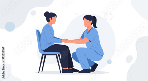 Nurse comforting patient, holding hands, healthcare support, empathy, caregiving, medical assistance
