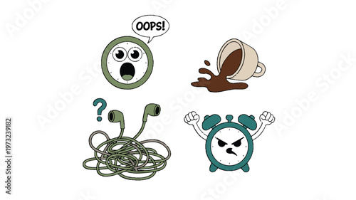 cartoon illustrations of shocked clock spilled coffee cup tangled earbuds and angry alarm clock