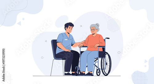 Caregiver assisting elderly woman in wheelchair, compassionate support, home care concept