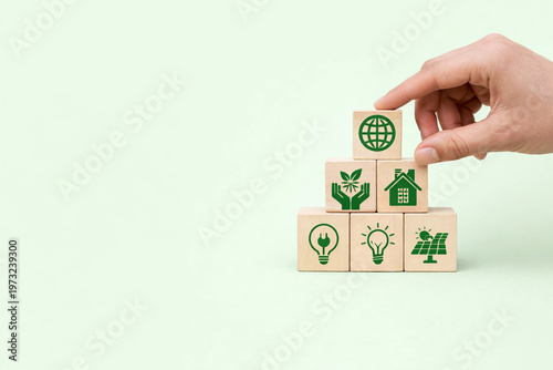 Green Sustainable Energy Growth and Conservation Step Plan with Wood Blocks.