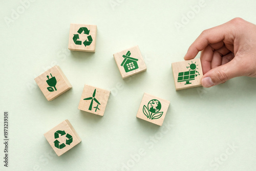 Green Sustainable Energy Growth and Conservation Step Plan with Wood Blocks.