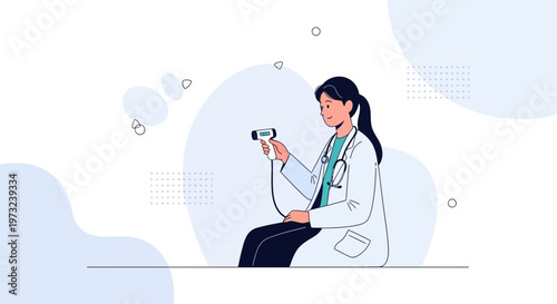 Doctor checking temperature with infrared thermometer, medical illustration, healthcare concept