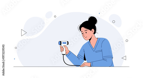 Nurse holding infrared thermometer, medical illustration, healthcare concept