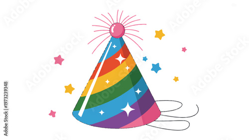 Colorful rainbow party hat with sparkles and stars  festive celebration decoration