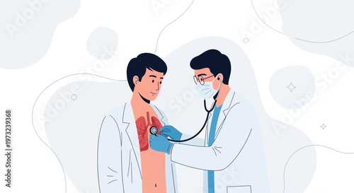 Doctor examines patient's lungs with stethoscope, medical checkup illustration
