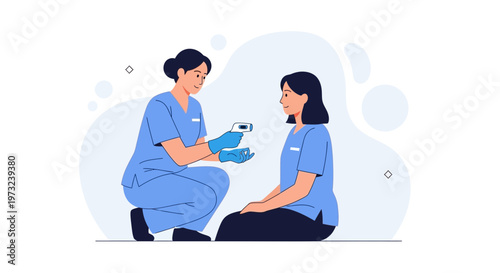 Nurse checking patient's temperature with infrared thermometer, healthcare concept