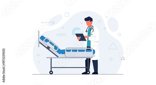 Doctor using tablet near hospital bed, futuristic healthcare technology concept