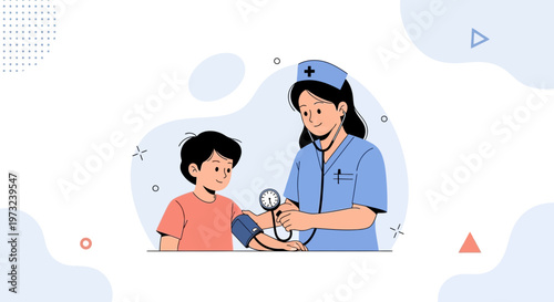 Nurse checking child's blood pressure, medical check-up, healthcare concept illustration
