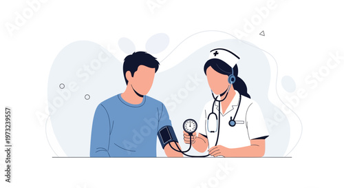Nurse checking patient's blood pressure with sphygmomanometer, medical checkup illustration