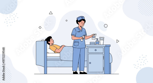 Nurse Administering Medication to Patient in Hospital Bed, Healthcare Illustration