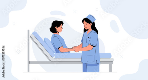 Nurse holding patient's hand in hospital bed, comfort and care illustration