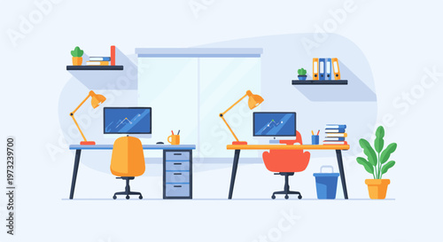 Modern office workspace with two desks and computers.