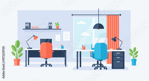 Modern office interior with two desks and chairs for work.