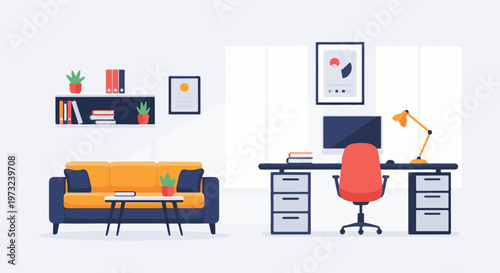 Modern Living Room and Home Office Interior Design.