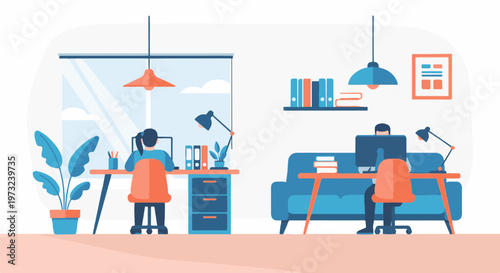 Two individuals working remotely from their home offices.