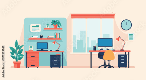 Two modern home office setups with computers and desks.