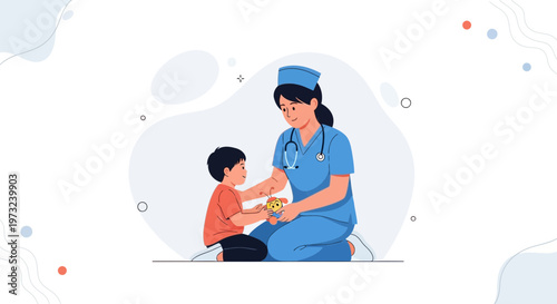 Nurse Comforting Child with Toy, Pediatric Care Illustration