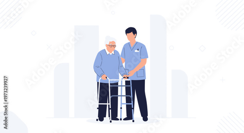 Nurse assisting elderly woman with walker, healthcare, support, medical care, senior living