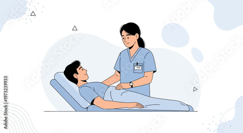 Nurse caring for patient in hospital bed, medical examination, healthcare illustration