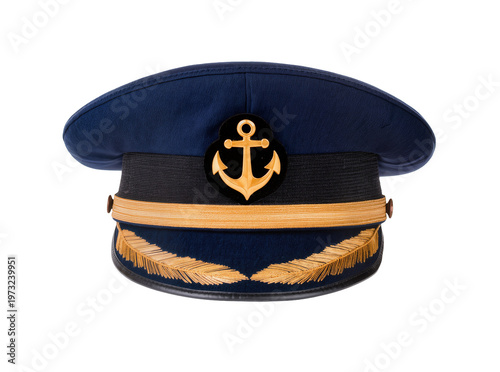 Isolated professional navy blue captain's hat with shiny gold anchor and intricate embroidery