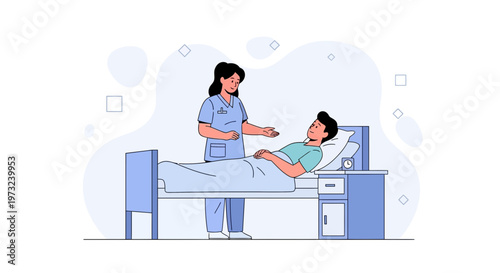 Nurse caring for patient in hospital bed, medical care illustration